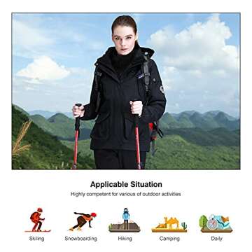 CAMEL CROWN Womens Waterproof Ski Jacket 3-in-1 Windbreaker Winter Coat Fleece Inner for Rain Snow Outdoor Hiking Black