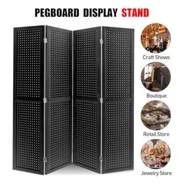 Babion 4 Panel Pegboard Display, Peg Board Room Divider Pegboard Freestanding Folding Privacy Screens Pegboard Display Stand for Craft Shows (Black)