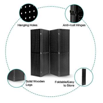 Babion 4 Panel Pegboard Display, Peg Board Room Divider Pegboard Freestanding Folding Privacy Screens Pegboard Display Stand for Craft Shows (Black)