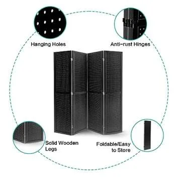 Babion 4 Panel Pegboard Display, Peg Board Room Divider Pegboard Freestanding Folding Privacy Screens Pegboard Display Stand for Craft Shows (Black)