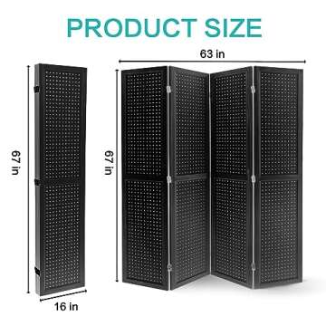 Babion 4 Panel Pegboard Display, Peg Board Room Divider Pegboard Freestanding Folding Privacy Screens Pegboard Display Stand for Craft Shows (Black)