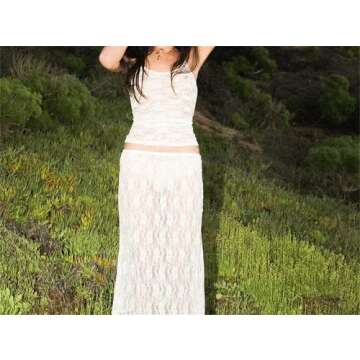 Zempertoopa Women Sexy Y2K Maxi Skirt Set Strapless Bodycon Lace Tube Top See Through 2 Piece Outfits Summer Party Wear Dress (A-White, M)