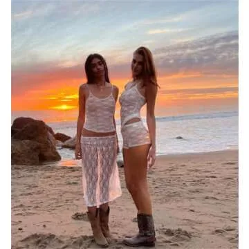 Zempertoopa Women Sexy Y2K Maxi Skirt Set Strapless Bodycon Lace Tube Top See Through 2 Piece Outfits Summer Party Wear Dress (A-White, M)