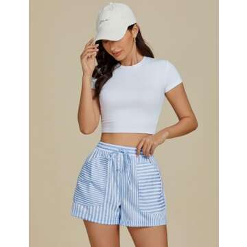Luvamia High Waisted Beach Shorts for Women, Trendy Stripes