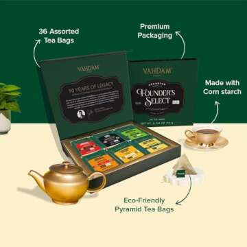 VAHDAM, Founder's Select Gift Set - 6 Delicious Wellness Blend from India (36 Individually Wrapped Ecofriendly Pyramid Tea Bags) I Gifts for Women and Men I Tea Set for Tea Lovers