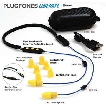 Plugfones Liberate 2.0 Wireless Bluetooth in-Ear Earplug Earbuds- 29NRR Noise Reduction Headphones with Noise Isolating Mic and Controls (Blue & Yellow)