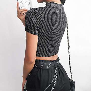 SansoiSan Women Glitter Crop Top Bandage Elegant Hollow Out T-Shirts Party Hot Tank Tops Large Black