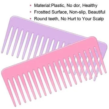 Wide Tooth and Large Detangling Comb Set for Long, Curly, Wet Hair - No Handle Styling, Shampoo & Detangling Combs (2 Pieces - Pink, Purple)