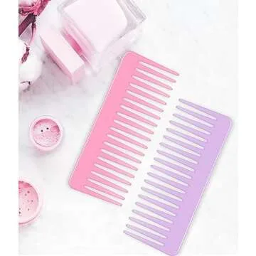 Wide Tooth and Large Detangling Comb Set for Long, Curly, Wet Hair - No Handle Styling, Shampoo & Detangling Combs (2 Pieces - Pink, Purple)
