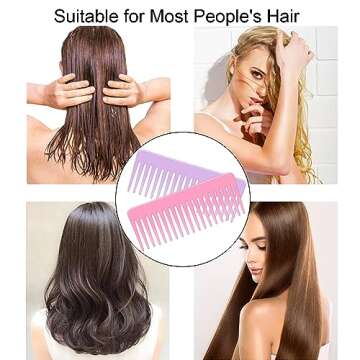 Wide Tooth and Large Detangling Comb Set for Long, Curly, Wet Hair - No Handle Styling, Shampoo & Detangling Combs (2 Pieces - Pink, Purple)