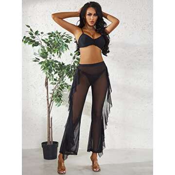 COCOLEGGINGS Women's Plus Size Sheer Mesh Ruffle Swimsuit Cover Up Pants Black 3XL