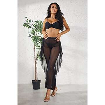 COCOLEGGINGS Women's Plus Size Sheer Mesh Ruffle Swimsuit Cover Up Pants Black 3XL