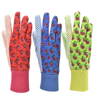 G & F 1852-3 Women Soft Jersey Garden Gloves, Women Work Gloves, 3-Pairs Green/Red/Blue per Pack