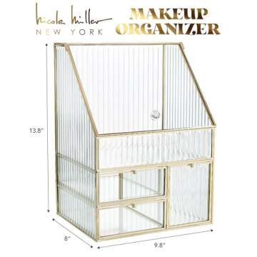 Nicole Miller Glass Organizer - Elegant Vanity Storage with a Touch of Gold, Great for Lipsticks and...