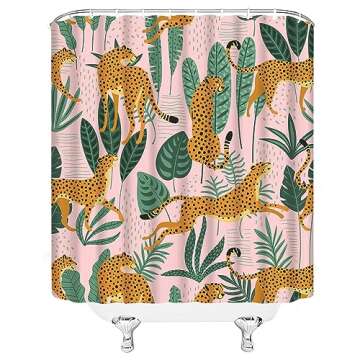 CCXTCZ Leopard Palm Leaves Shower Curtain Cheetah Tropical Jungle Animal Wildlife Tiger Big Cat Boho Aesthetic Minimalist Modern Art Fabric Bathroom Decor Curtains with Hooks,Pink Yellow Green