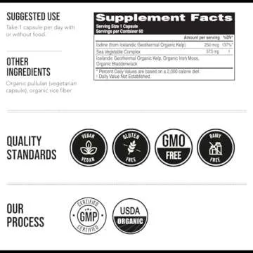 Organic Iodine Supplement from Sea Vegetable Complex, Whole Food & Raw Form - Iodine Plus Trace Mineral Complex – Contains Purest Icelandic Sea Kelp, Irish Moss & Bladderwrack (250 mcg)