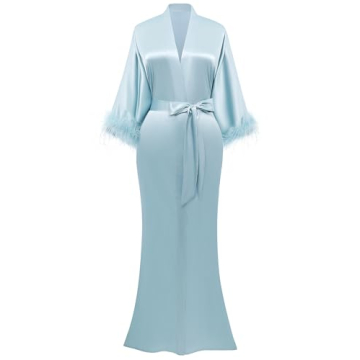 PRODESIGN Satin Kimono Robe Long Silky Bath Robe with Ostrich Feather Trim Sleepwear Wedding Bridesm...