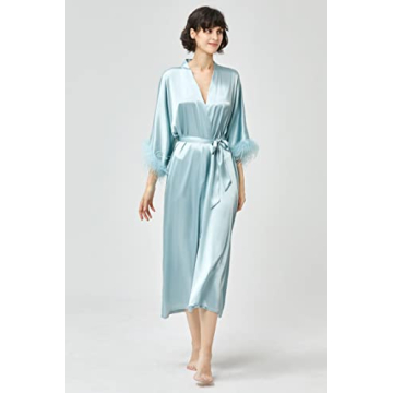 PRODESIGN Satin Kimono Robe Long Silky Bath Robe with Ostrich Feather Trim Sleepwear Wedding Bridesmaid Robe