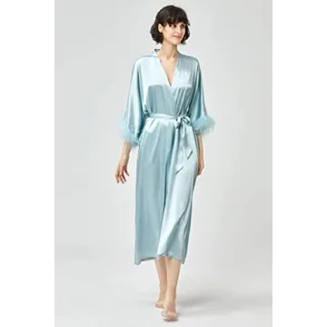 PRODESIGN Satin Kimono Robe Long Silky Bath Robe with Ostrich Feather Trim Sleepwear Wedding Bridesmaid Robe