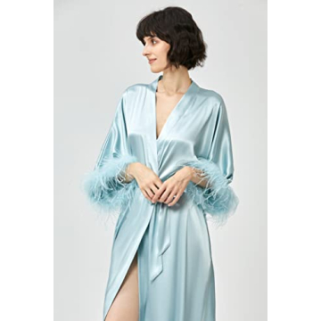 PRODESIGN Satin Kimono Robe Long Silky Bath Robe with Ostrich Feather Trim Sleepwear Wedding Bridesmaid Robe
