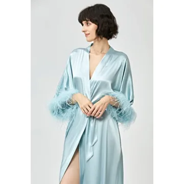 PRODESIGN Satin Kimono Robe Long Silky Bath Robe with Ostrich Feather Trim Sleepwear Wedding Bridesmaid Robe