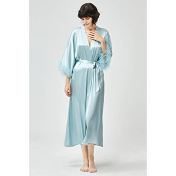 PRODESIGN Satin Kimono Robe Long Silky Bath Robe with Ostrich Feather Trim Sleepwear Wedding Bridesmaid Robe