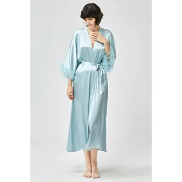 PRODESIGN Satin Kimono Robe Long Silky Bath Robe with Ostrich Feather Trim Sleepwear Wedding Bridesmaid Robe