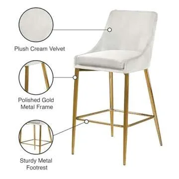 Meridian Furniture Karina Collection Modern | Contemporary Velvet Upholstered Counter Stool with Polished Gold Metal Legs and Foot Rest, Set of 2, Cream