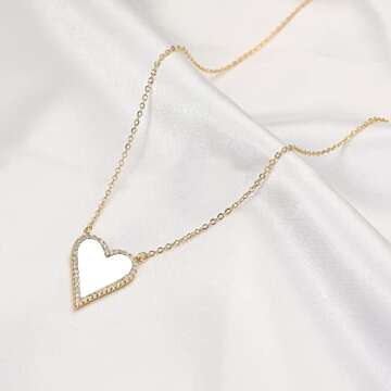 JINGDR Heart Necklace for Women Trendy Preppy Jewelry Gold Plated Love Heart Pendant, Heart Paperclip Chain Necklace Cute Heart Necklaces Birthday for Women Dainty Jewelry (white)