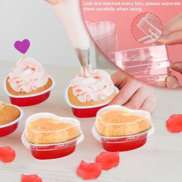 Colovis Heart Shaped Cake Pans, 36 Pack 3.4oz Red Mini Aluminum Foil Baking Cups with Lids Spoons Disposable Ramekins Cupcake Liners Kit for Valentine's Day Wedding Party (36 Pack)