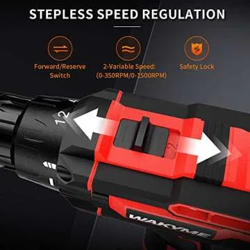 Cordless Drill Set 2 Batteries, WAKYME 12.6V Power Drill 30NM 18+1 Clutch, 3/8" Keyless Chuck, Variable Speed Built-in LED Electric Driver Drill for Drilling Wall, Bricks, Wood, Metal etc