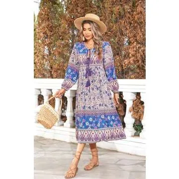 R.Vivimos Women's Long Sleeve Floral Print Retro V Neck Tassel Bohemian Midi Dresses (Large, Purple)