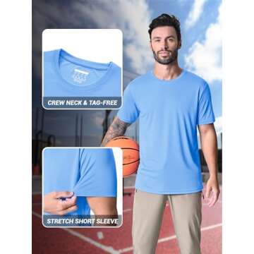 Short Sleeve T Shirt Men UPF 50+ Sun Protection T-Shirt Crew Neck Quick Dry Hiking Shirts Fishing Shirts Rash Guards Sky Blue