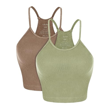 ODODOS Women's Crop 2-Pack Washed Seamless Rib-Knit Camisole Crop Tank Tops, Long Crop, Acid Wash Dusty Olive Chocolate, X-Small/Small