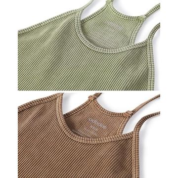 ODODOS Women's Crop 2-Pack Washed Seamless Rib-Knit Camisole Crop Tank Tops, Long Crop, Acid Wash Dusty Olive Chocolate, X-Small/Small