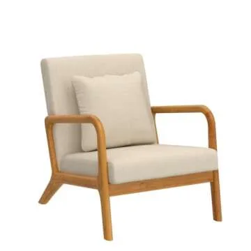 WACASA Accent Chair, Mid-Century Modern Side Chairs for Living Room, Bedroom, Balcony, Reading Room, Deeper Sitting Chair with Pillow, Armchair with Solid Wood Frame & Soft Cushion, Beige,Set of 2