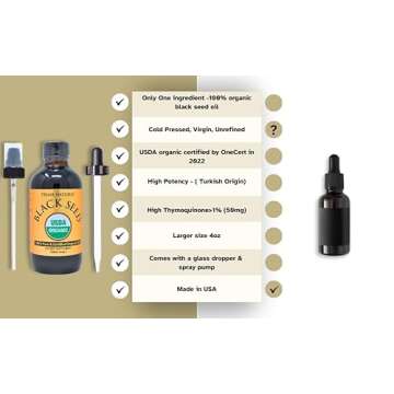 Organic Black Seed Oil 4oz - Cold Pressed Unrefined High Thymoquinone 1.7% USDA Certified - Turkish Origin Potent Nigella Sativa Liquid - Vegan Omega 3 6 9, Antioxidant Immune Boost Joints Skin Hair