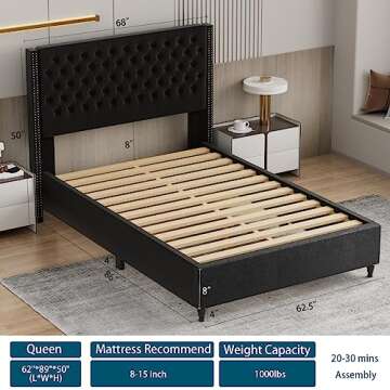 Queen Bed Frame with Upholstered Platform, Bed Frame Queen Size with Rhombus Buttons Tufted, Upholstered Bed with Rivet Wingback Headboard, Strong Support Bunkie Slats, Noise-Free, Easy Assembly
