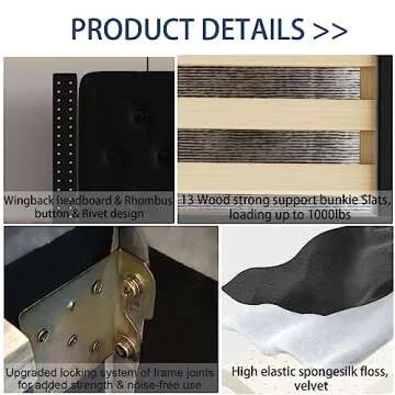 Queen Bed Frame with Upholstered Platform, Bed Frame Queen Size with Rhombus Buttons Tufted, Upholstered Bed with Rivet Wingback Headboard, Strong Support Bunkie Slats, Noise-Free, Easy Assembly
