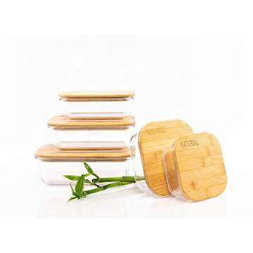 🌎Bamboo & Glass Food Storage Containers, Eco-Conscious, Waterproof, Air Tight Seal, Oven-, Microwave-, Dishwasher-, Freezer-Safe, Heat Resistant, Durable, Meal Prep, Set of 5, 10 Pieces