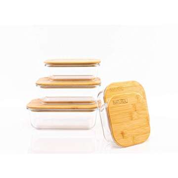 🌎Bamboo & Glass Food Storage Containers, Eco-Conscious, Waterproof, Air Tight Seal, Oven-, Microwave-, Dishwasher-, Freezer-Safe, Heat Resistant, Durable, Meal Prep, Set of 5, 10 Pieces