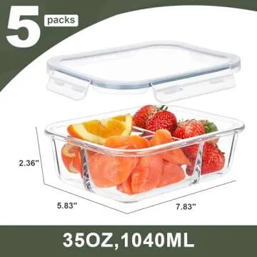 BAYZZ 5 Pack 35 Oz Glass Meal Prep Containers with 3 Compartments, Airtight Bento Box