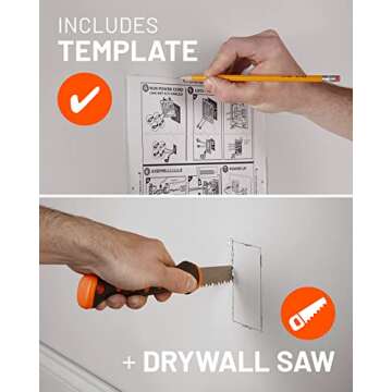 ECHOGEAR TV Cord Hider for Wall Mounted TV - Dual Outlet in Wall Cable Management Kit for Power Cables & Low Voltage Wires - Includes Template, Saw, & Low Profile Extension Cord