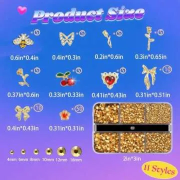 Pizadix 105 Pcs Y2K Gold Nail Charms Set - Gold Bees, Butterflies, Roses, Bows, Cherries, Cherry Blossoms Petals for Nail Decorations Jewelry