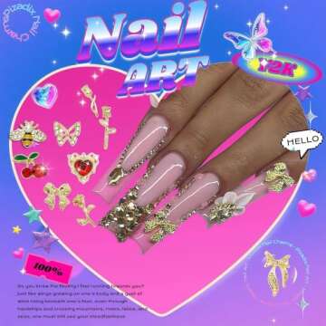 Pizadix 105 Pcs Y2K Gold Nail Charms Set - Gold Bees, Butterflies, Roses, Bows, Cherries, Cherry Blossoms Petals for Nail Decorations Jewelry