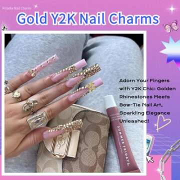 Pizadix 105 Pcs Y2K Gold Nail Charms Set - Gold Bees, Butterflies, Roses, Bows, Cherries, Cherry Blossoms Petals for Nail Decorations Jewelry