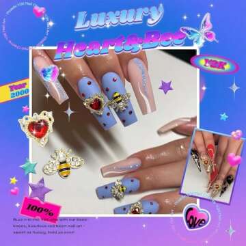 Pizadix 105 Pcs Y2K Gold Nail Charms Set - Gold Bees, Butterflies, Roses, Bows, Cherries, Cherry Blossoms Petals for Nail Decorations Jewelry