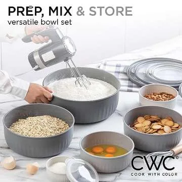 COOK WITH COLOR Prep Bowls with Lids- Wide and Deep Nesting Plastic Small Mixing Bowl Set with Lids, 12 Piece Set - Wide Bowls, Gray