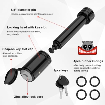 AUTORACCOON Trailer Hitch Lock - 5/8" Dia Locking Receiver Pin, Fits 2" Receiver Tubes, Class III & IV Hitch Receivers, Anti-Theft Trailer Receiver Lock, Black (1 Pack)