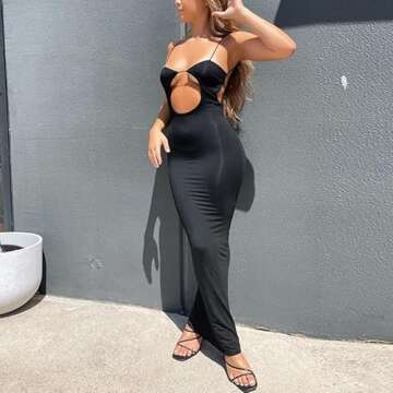 Faretumiya Women Hollow Out Maxi Dress Backless Spaghetti Strap Cutout Long Dress Sleeveless Bodycon V Neck Dress Party（Cut Black，Small）